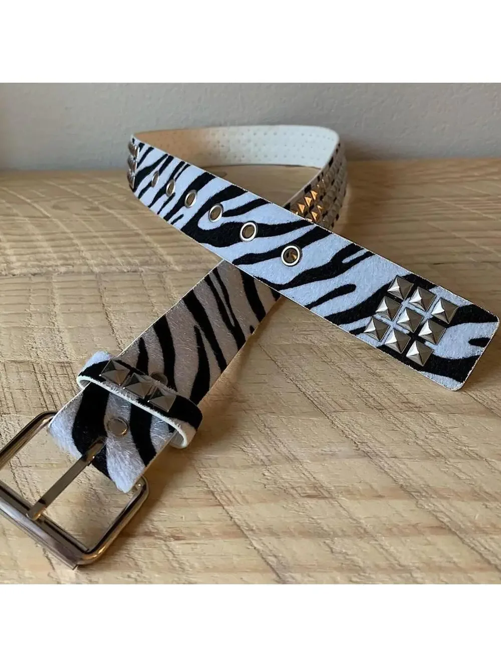 Y2k cyber 2000s style Zebra white fur studded silver belt. 42 inches